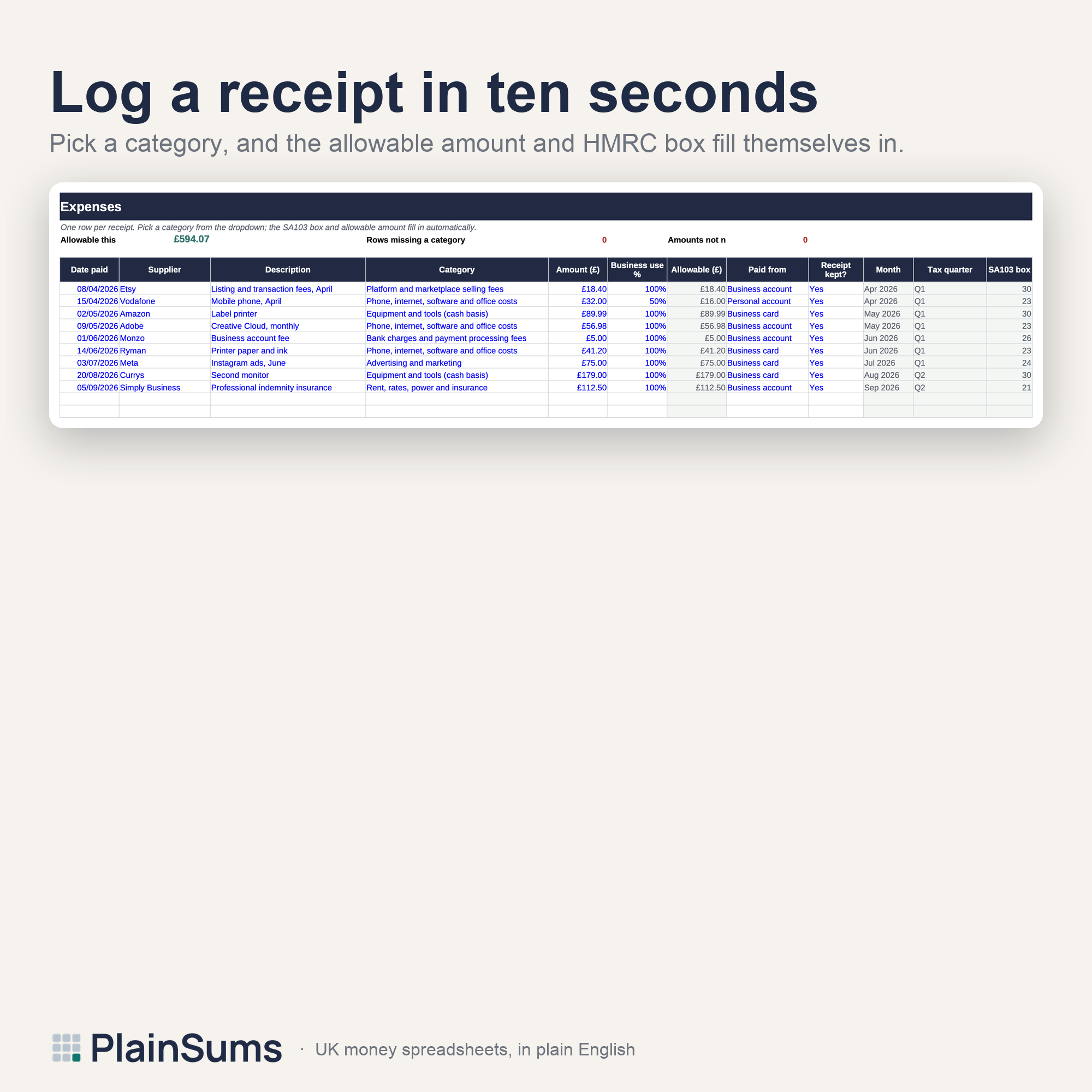 Sole Trader Bookkeeping: Expenses tab: 18 HMRC categories from a dropdown